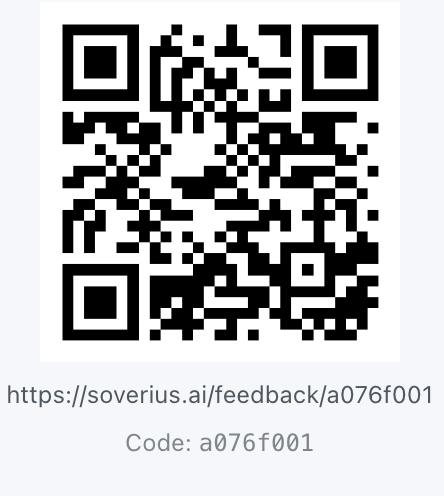 QR-Code zum Feedback: https://soverius.ai/feedback/a076f001. Code: a076f001