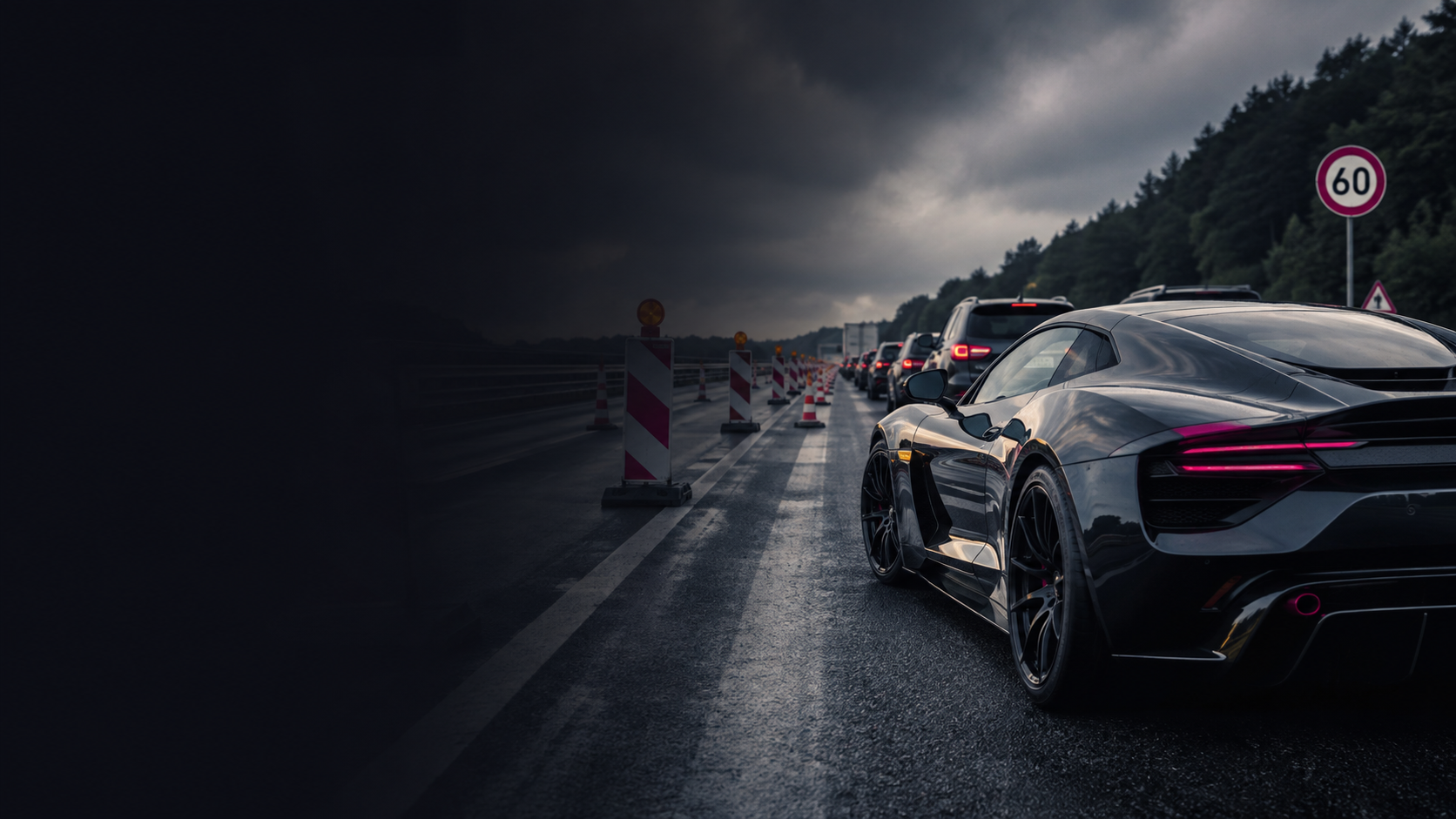 Ein leistungsstarker Sportwagen im Stau und vor Baustellen